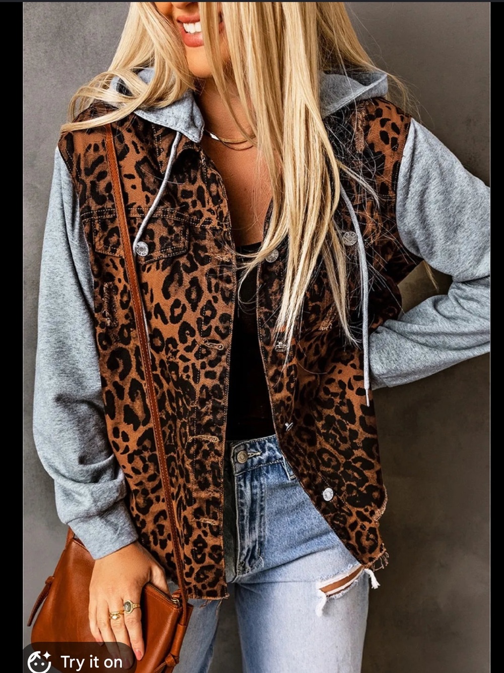 Leopard Distressed Drawstring Hooded Denim Jacket - Brown/Grey